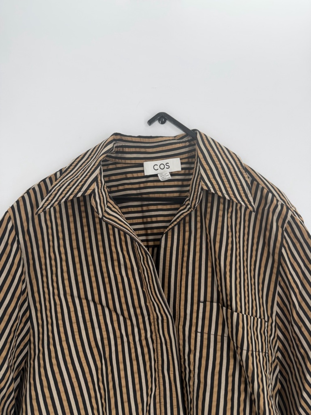Cos Striped Seersucker Earthy Relaxed Fit Shirt In Brown Black Striped